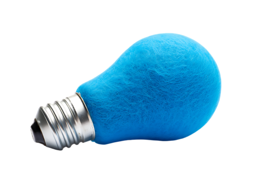 A vibrant blue, fuzzy light bulb lying on its side against a stark transparent background, symbolizing a bright idea or innovation, transparent background
