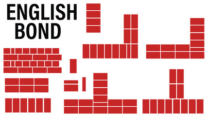 English Bond Brick Pattern Set — T-Junction, L-Junction and Queen Closer Masonry Layouts for Architectural Elevations, Facade Design and Construction Documentation