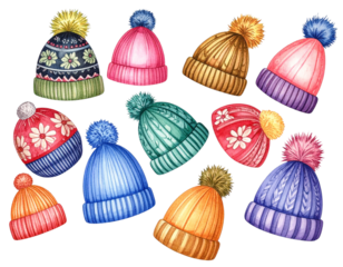 Artistic Display of Multicolored Knitted Winter Hats, isolated on transparent background.