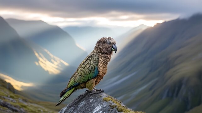 A kea perched on a rock with mountains in the background during a sunny day in fiordland national park, new zealands south island