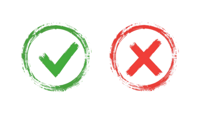 Green tick mark in a circle and red x mark in a circle as brush strokes, indicating correct or incorrect choice isolated on solid white background Png form