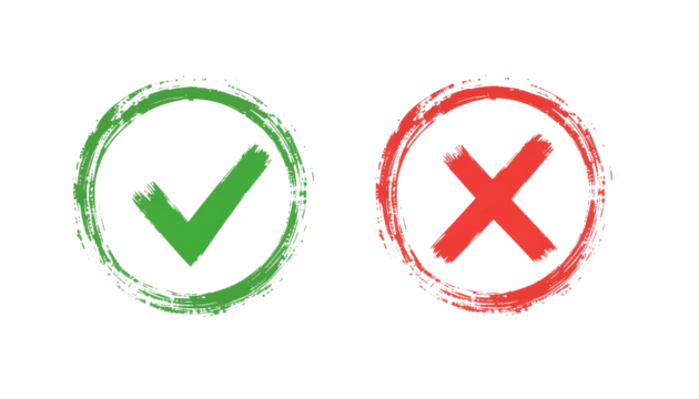 Green tick mark in a circle and red x mark in a circle as brush strokes, indicating correct or incorrect choice isolated on solid white background Png form