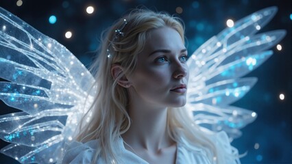 Blonde young woman dressed as a fantasy fairy with glowing crystal wings against a magical blue bokeh background.