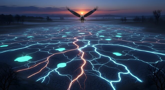 A majestic bird soaring above a glowing, lightning-like pattern on a misty landscape at dusk with a vibrant sunset sky in the background