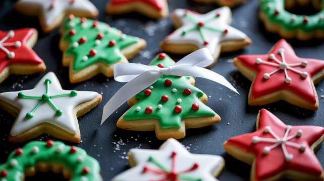 Festive christmas sugar cookies with colorful icing and decorations, including christmas trees, stars, and wreaths, tied with a white ribbon
