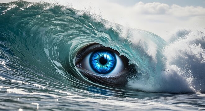 A surreal image of a vibrant blue eye embedded within a powerful ocean wave, creating a striking visual contrast between human and natural elements