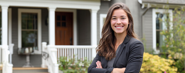 A smiling female real estate agent. The woman is standing in front of a home she is hoping to sell. A realtor
