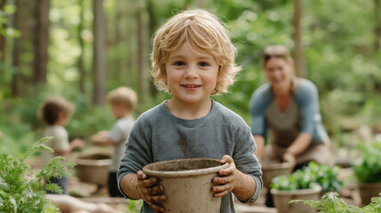 Blonde caucasian child gardening with family in lush greenery