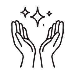 Obraz premium A simple black and white line drawing depicts two open hands facing each other with sparkling stars above