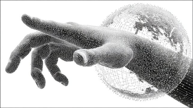 Bold black vector silhouette of a human hand touching a holographic globe, representing digital communication and connection, futuristic composition, perfectly outlined on pure white background.