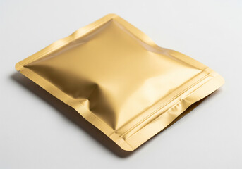 A single golden square sachet or pouch with a sealed edge representing a sample or single serving isolated on white background
