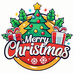 Illustration of a christmas tree with gifts and merry christmas text in a circular frame design