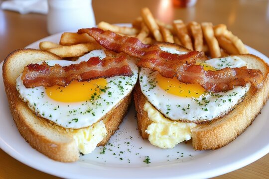 Heart-Shaped Egg Toast: Savor a delightful breakfast featuring heart-shaped egg toast, perfectly complemented by crispy bacon and golden fries, creating a culinary expression of love and satisfaction. - Powered by Adobe