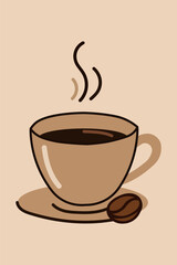 Illustration of a steaming cup of coffee with a coffee bean on a saucer