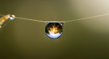 Water droplet on spiderweb reflects sunrise in a dew-kissed meadow.