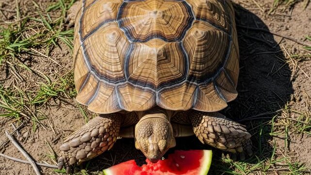 A large sulcata tortoise eats a fresh slice of watermelon on the ground. High angle view showing the beautiful shell pattern and reptile skin texture. Composite banner of the feeding process