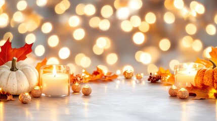 Autumnal Glow: A captivating composition of autumn elements, featuring candles, pumpkins, and falling leaves, illuminated by a warm, inviting light.