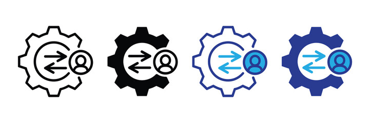 Set of gear icons with arrows and user silhouette representing workflow, process, exchange, and synchronization in business and technology settings
