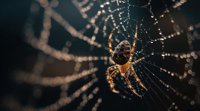 Macro spider on dewy web with bright bokeh and dark background creating dramatic halloween background - Powered by Adobe