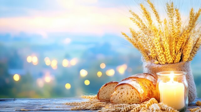 Golden Harvest: A serene still-life composition of freshly baked bread, wheat, and a flickering candle, evoking warmth, abundance, and the simple pleasures of life.
