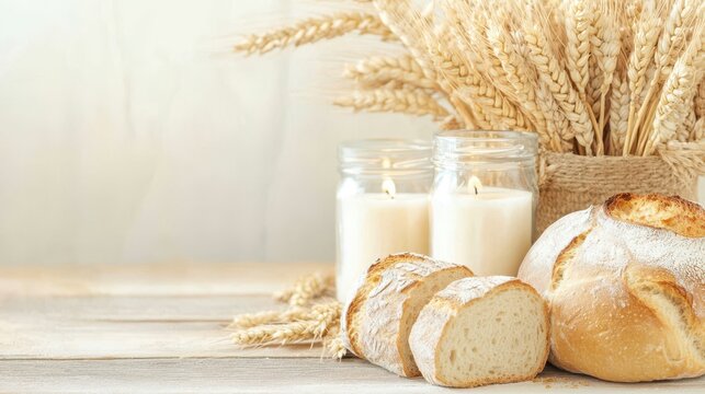 Artisanal Bread and Tranquil Ambiance: A close-up shot of freshly baked bread, sliced and whole, alongside wheat stalks and lit candles, creating a warm, inviting, and comforting atmosphere. - Powered by Adobe