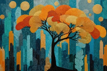 Abstract quilted cityscape with a stylized tree