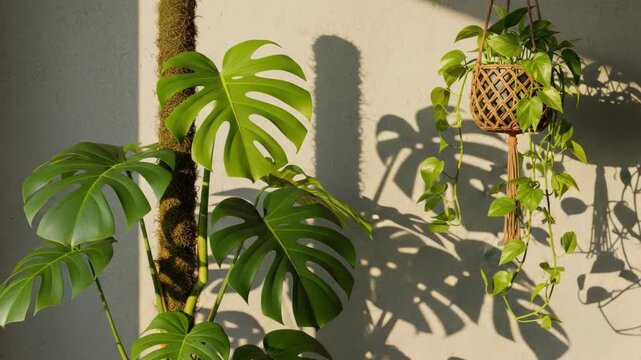 Lush green monstera plants and a hanging pothos thrive indoors. Bright natural sunlight casts striking shadows on the textured wall. Perfect for botanical decor and serene home environments