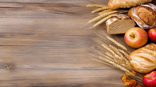 Freshly Baked: A rustic array of freshly baked bread, ripe apples, and golden wheat, arranged on a textured wooden surface, inviting warmth and the simplicity of harvest.