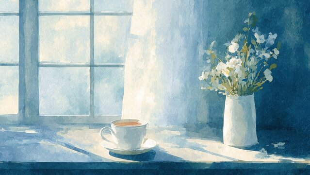 水彩の窓辺とティーカップの柔らかい空気感 ナチュラル背景素材