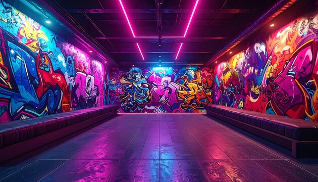 An indoor alleyway filled with vibrant graffiti murals under neon lights, with benches on each side