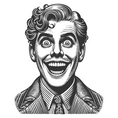 Fototapeta premium overly enthusiastic man with a huge grin, expressing excitement, madness, or comic joy sketch engraving generative ai fictional character raster illustration. Scratch board imitation. Black and white.