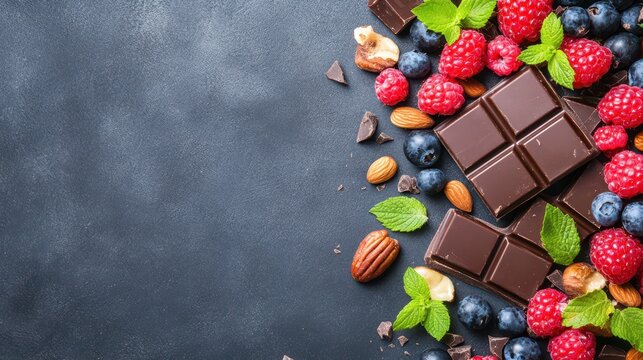 Chocolate, Berries, and Nuts: A luscious tableau of dark chocolate squares, bursting with fresh berries, and accented by a selection of crunchy nuts, all artfully arranged on a dark, inviting surface.