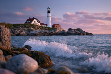 Scenic lighthouse on rocky coast at sunset with waves and pink sky