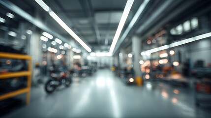 Blurred Motorcycle Repair Shop Interior with Motorcycles and Parts on Shelves