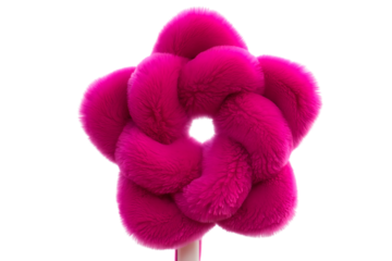 A fluffy, bright pink, fivepetal flower shape made of soft material, , transparent background