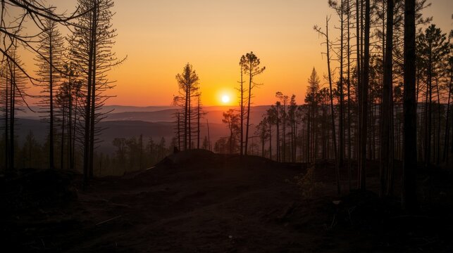 Sunset over burned forest eco energy initiatives nature landscape photography environmental awareness serenity concept - Powered by Adobe