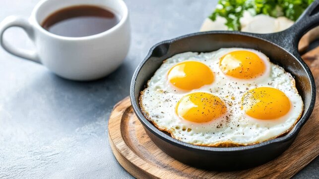 Breakfast Delight: A culinary close-up showcasing a hearty breakfast, featuring perfectly fried eggs in a cast iron skillet, accompanied by a steaming cup of coffee.