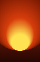 Minimalist abstract sunset/sunrise with a bright yellow sphere rising over a dark horizon, against a warm orange-red sky. Heat and energy concept