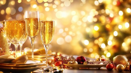 Sparkling Toast of Festive Season: A collection of champagne flutes filled with bubbly, radiating warmth and elegance with soft lights, perfect for joyous occasions.