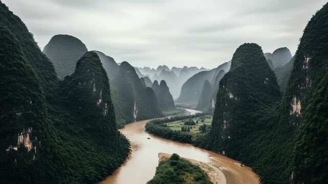 Panoramic aerial view of the li river winding through karst mountains in guilin china. Dramatic asian landscape on a misty day for travel and tourism web banners