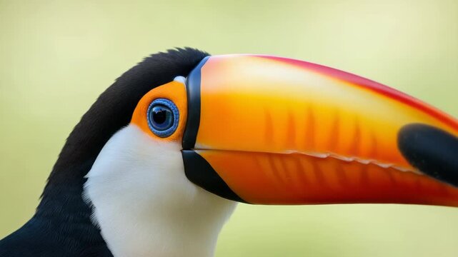 Sequence of frames showing a detailed close up of a toco toucan's head. The exotic tropical bird displays its large vibrant orange beak and beautiful blue eye in profile