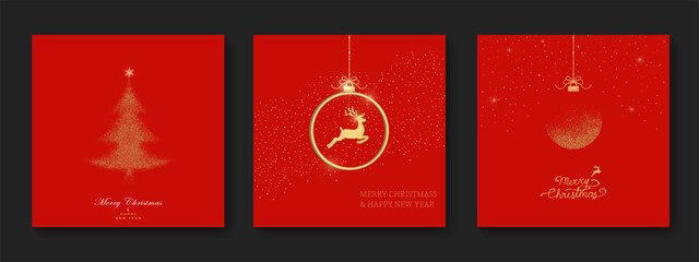 Pack of festive greeting cards with Christmas  ball, dear, christmas tree red background. Holiday pattern. Vector illustratio