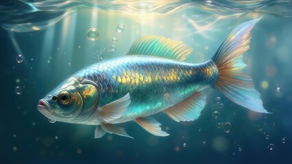 A single fish swims underwater, iridescent scales shimmer in sunlight filtering through