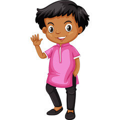 Cartoon Indian boy in pink kurta and black pants waving hello with a friendly smile isolated on transparent background lively and cheerful illustration