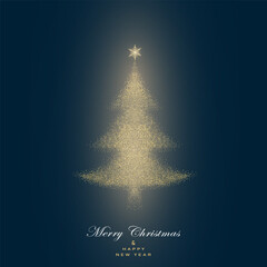 Greeting card with gold glitter Christmas  tree on dark green background. Vector illustration. Gold pattern