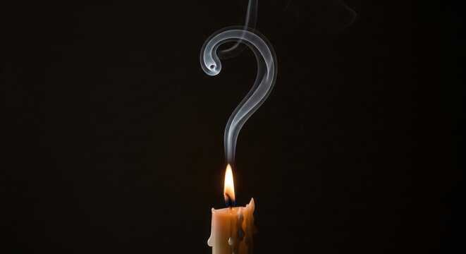 Burning Candle with Smoke Forming Question Mark on Black Background