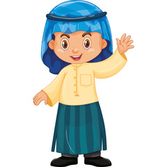 Smiling young boy in traditional yellow thobe and blue head covering waves hello with a friendly expression against a transparent background