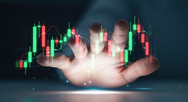 Hand holding a candlestick chart representing stock market analysis and investment