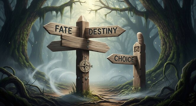 Crossroad sign, Fate, Destiny, Choice, in a dark fantasy forest, daylight