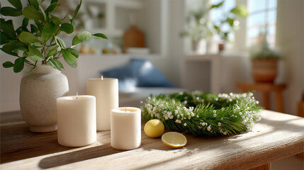Tranquil home setting with candles, greenery wreath, and lemon in sunlit living room